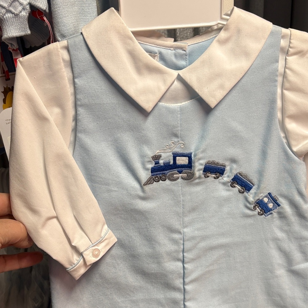 Petit Ami Light Blue Baby Romper with Train Embroidery - Picture 3 of 7